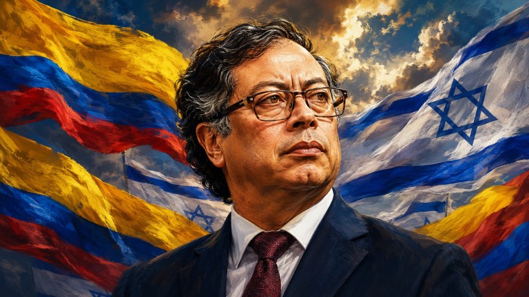 Gustavo Petro e bandeiras da Colômbia e de Israel