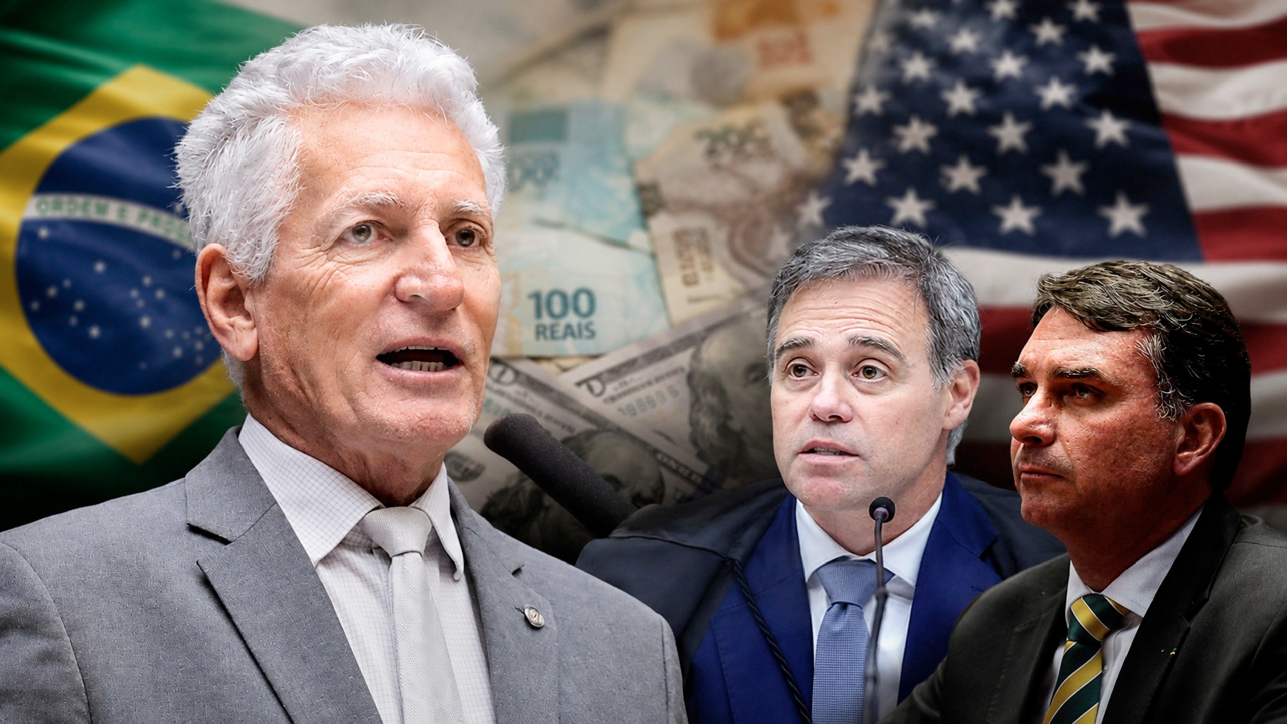 Rogério Correia, André Mendonça, Flávio Bolsonaro, bandeiras do Brasil, dos EUA, e notas de real e dólar