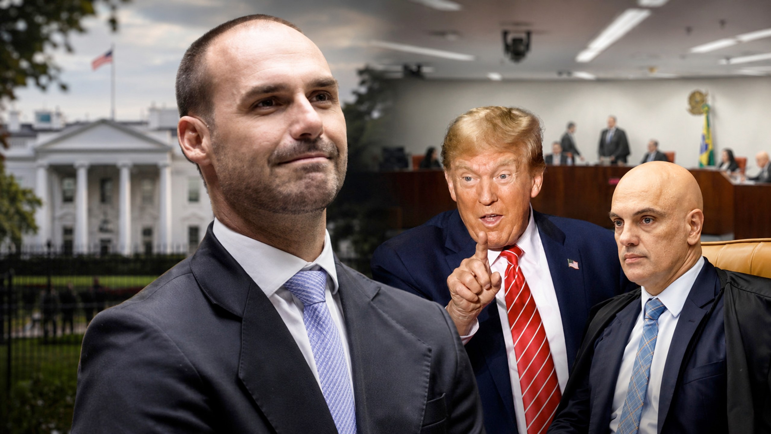 Eduardo Bolsonaro, Donald Trump, Alexandre de Moraes, Casa Branca (esq., ao fundo), e o STF