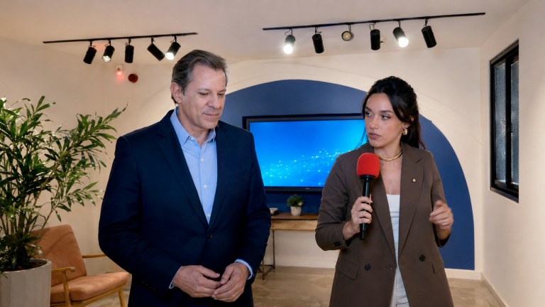 Fernando Haddad e uma jornalista em São Paulo