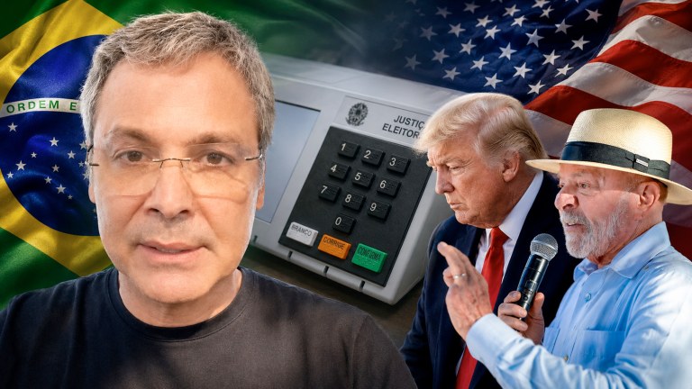 Lindbegrh Farias, Donald Trump e Lula. Ao fundo (esq. para dir.) estão as bandeiras do Brasil, dos EUA e uma urna eletrônica