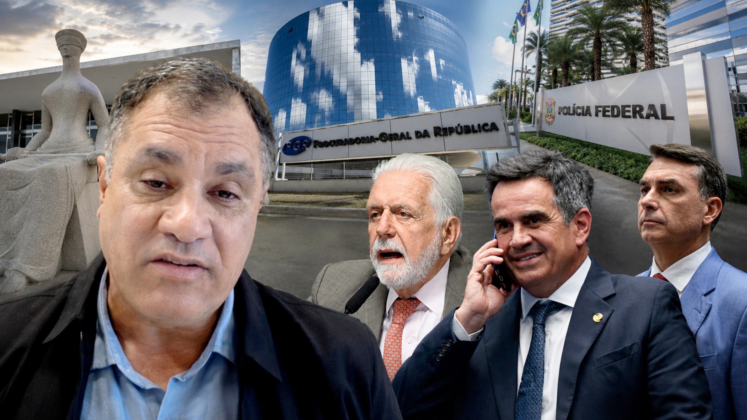 Jorge Folena, Jaques Wagner, Ciro Nogueira e Flávio Bolsonado. Ao fundo (esq. para dir.) estão o STF, a PGR e a PF
