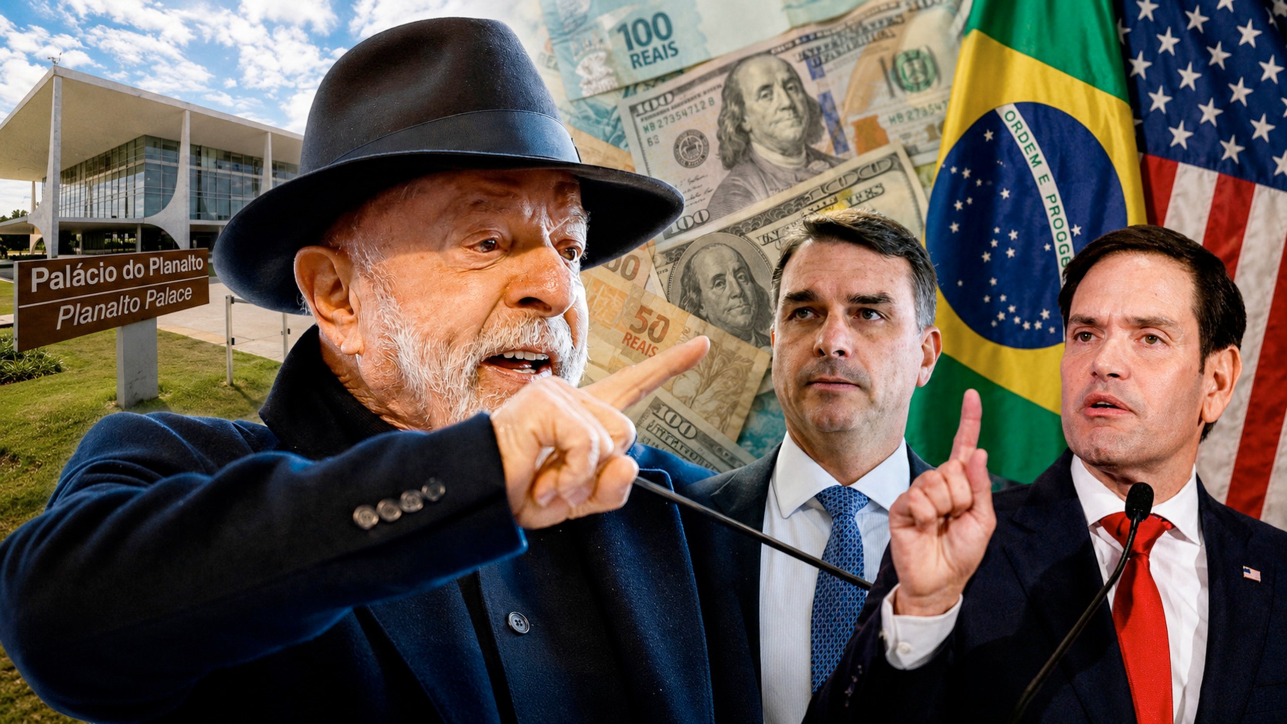 Lula, Flávio Bolsonaro, Marco Rubio, Planalto, notas de dólar e de real, e bandeiras do Brasil e dos EUA