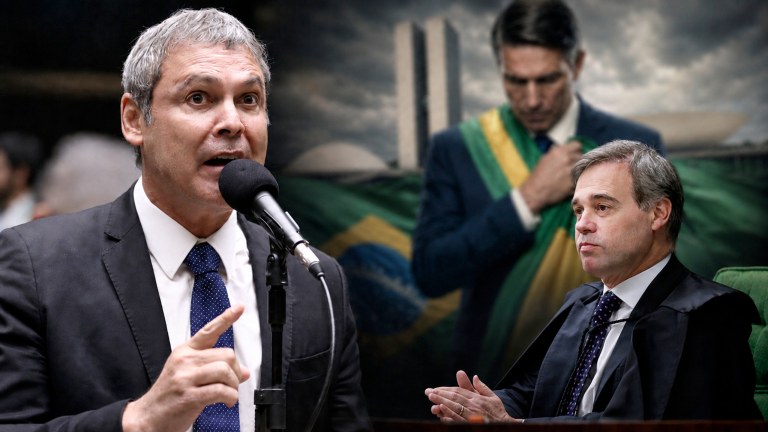 Lindbergh Farias, André Mendonça e o ator Jim Caviezel interpretando Jair Bolsonaro no filme Dark Horse