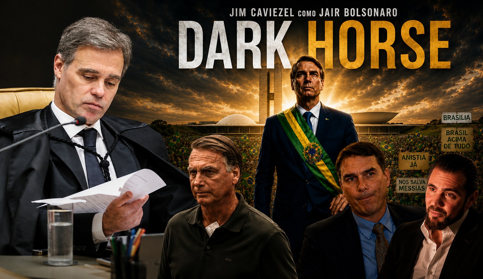 Cartaz do filme Dark Horse- Jair Bolsonaro-Flávio Bolsonaro-Daniel Vorcaro-André Mendonça