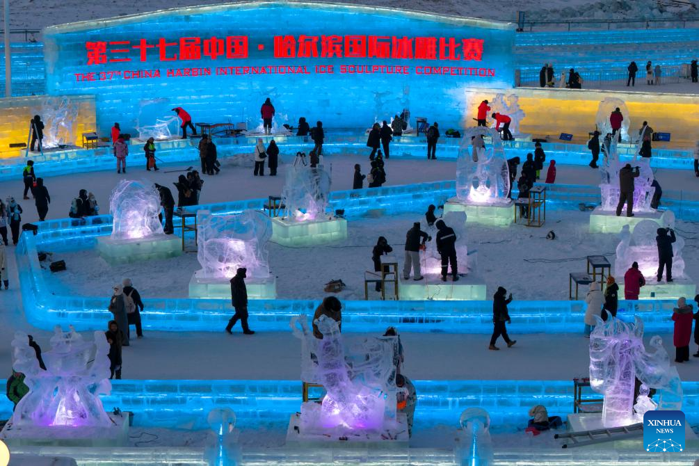 Competidores brilham no 37º Concurso Internacional de Esculturas de Gelo em Harbin