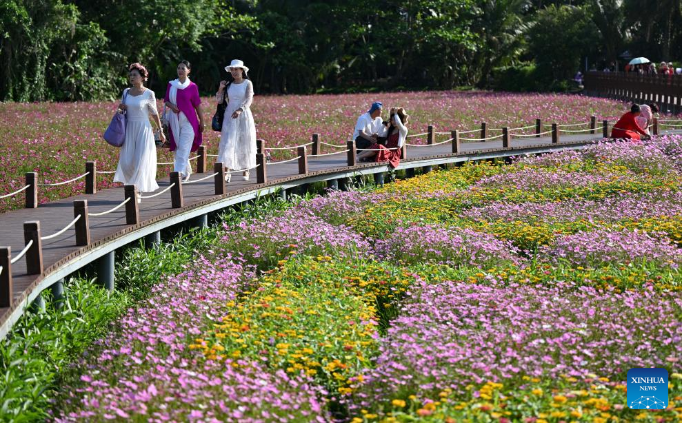 Turistas apreciam flores na Vila de Boao, na província chinesa de Hainan